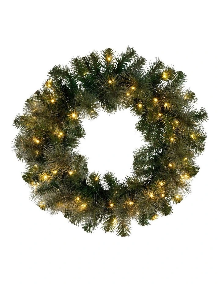 Pre-Lit Christmas Glittery Wreath with Multi-Function LED Lights 61cm in Gold Pine image 1