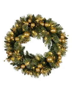 Pre-Lit Christmas Glittery Wreath with Multi-Function LED Lights 61cm in Gold Pine