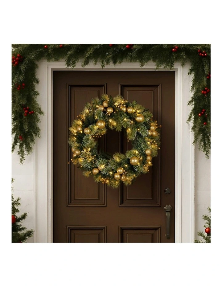 Pre-Lit Christmas Glittery Wreath with Multi-Function LED Lights 61cm in Gold Pine image 6