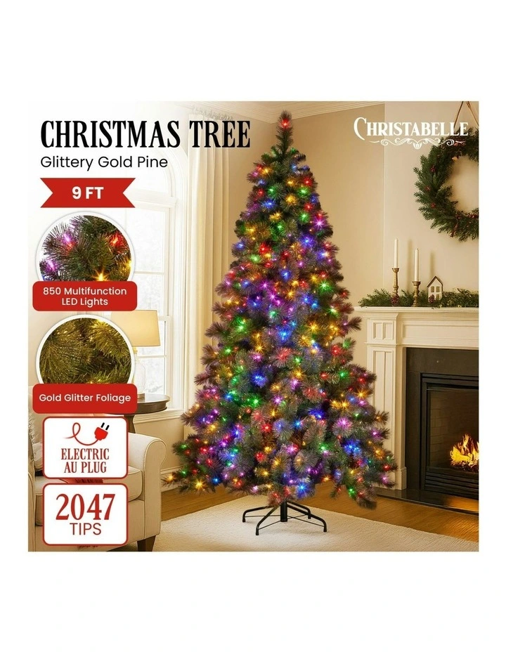 Glittery Gold Pine Christmas Tree 9ft in Green image 3