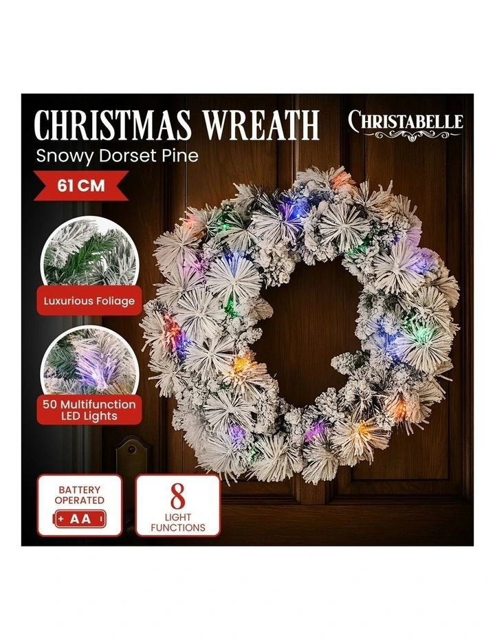 Snowy Dorset Pine with Multi-Function LED Christmas Wreath 61cm image 6