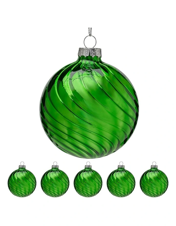 Stripe Wave Pattern Glass Baubles 6 Pack in Rich Green image 3