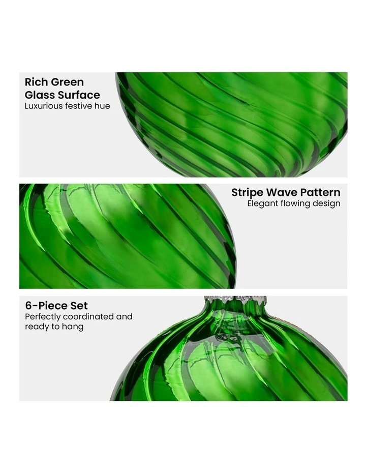 Stripe Wave Pattern Glass Baubles 6 Pack in Rich Green image 4