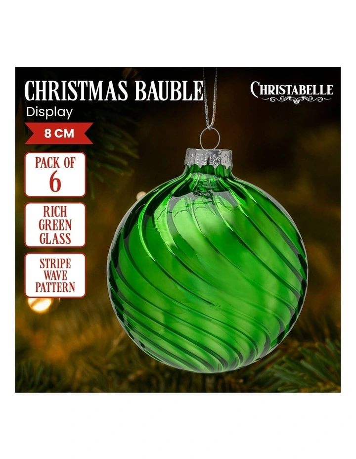 Stripe Wave Pattern Glass Baubles 6 Pack in Rich Green image 6