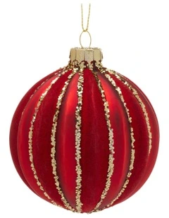 Gold Glitter Stripes Glass Baubles 6 Pack in Rich Red