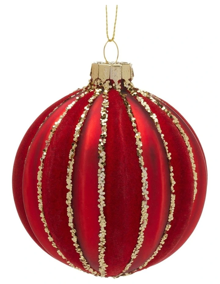 Gold Glitter Stripes Glass Baubles 6 Pack in Rich Red image 1