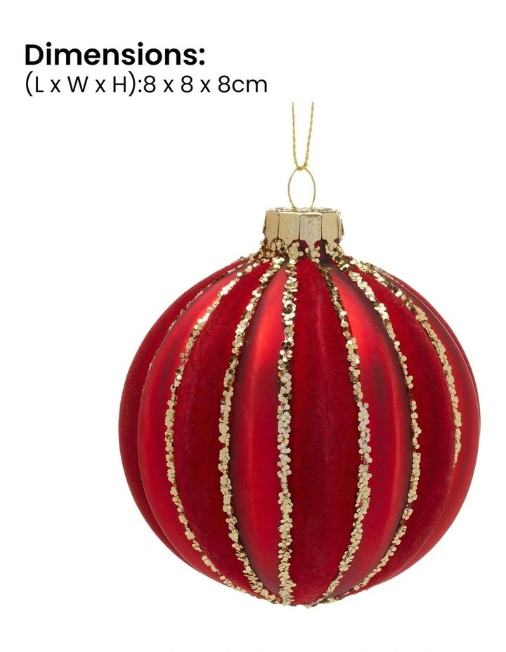 Gold Glitter Stripes Glass Baubles 6 Pack in Rich Red image 2