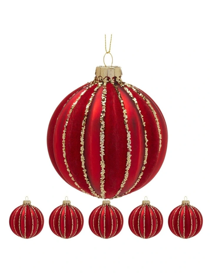 Gold Glitter Stripes Glass Baubles 6 Pack in Rich Red image 3