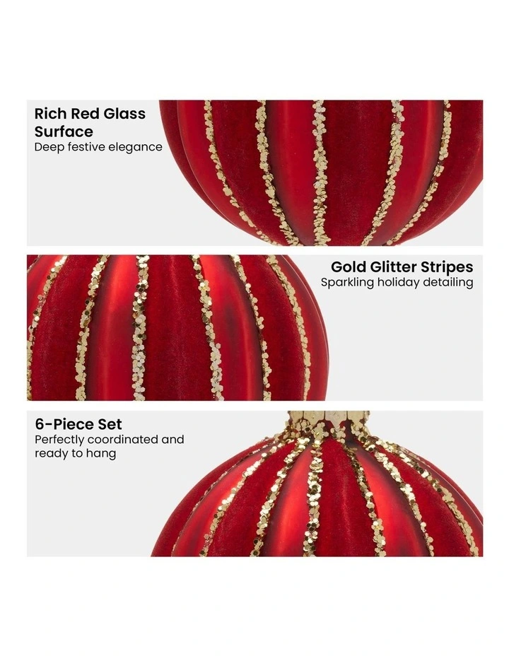Gold Glitter Stripes Glass Baubles 6 Pack in Rich Red image 4