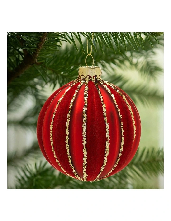 Gold Glitter Stripes Glass Baubles 6 Pack in Rich Red image 5