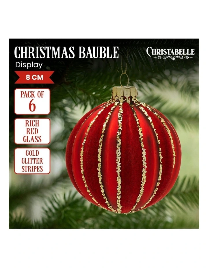Gold Glitter Stripes Glass Baubles 6 Pack in Rich Red image 6