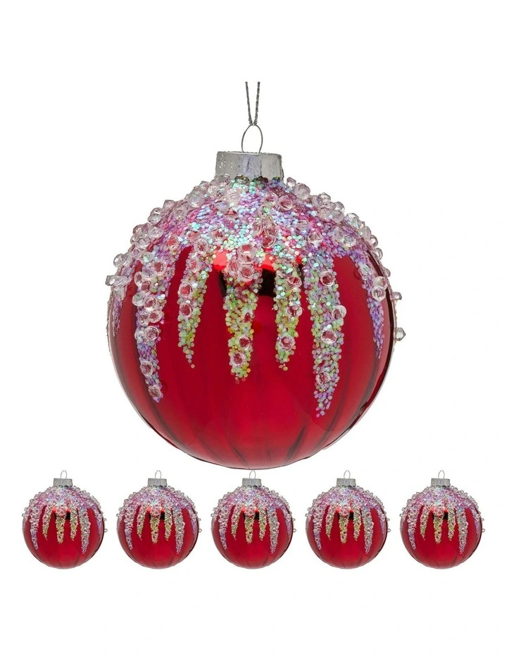 Sequin Frosting Glass Baubles 6 Pack in Rich Red image 3
