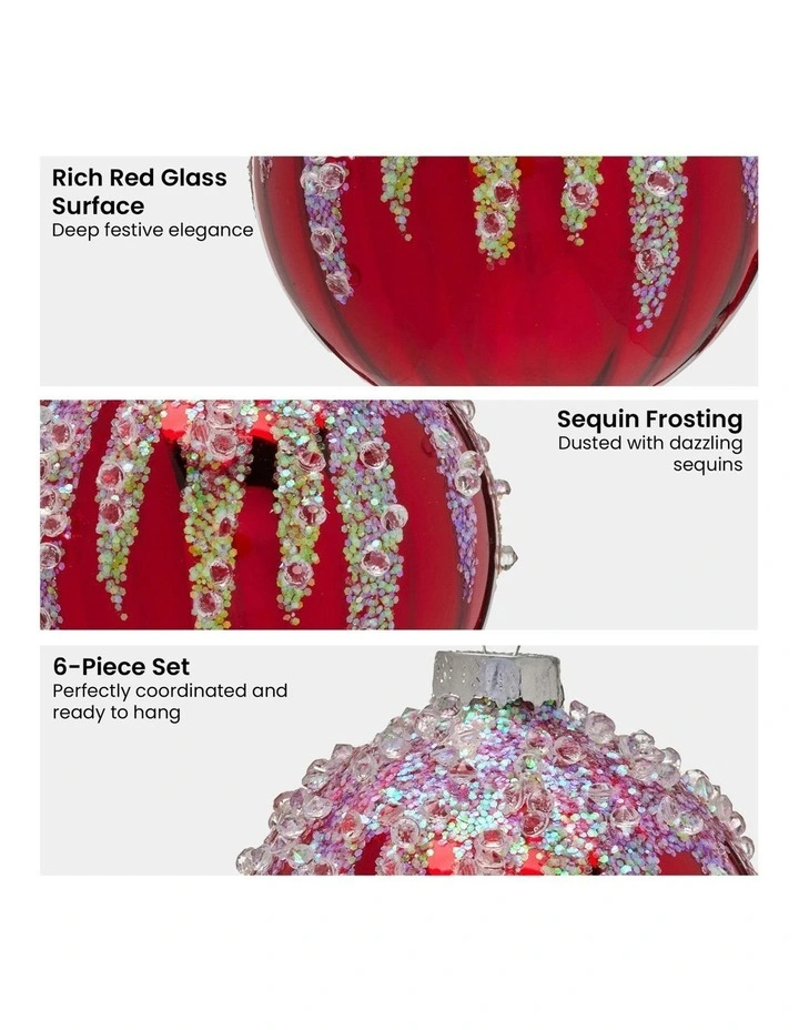 Sequin Frosting Glass Baubles 6 Pack in Rich Red image 4