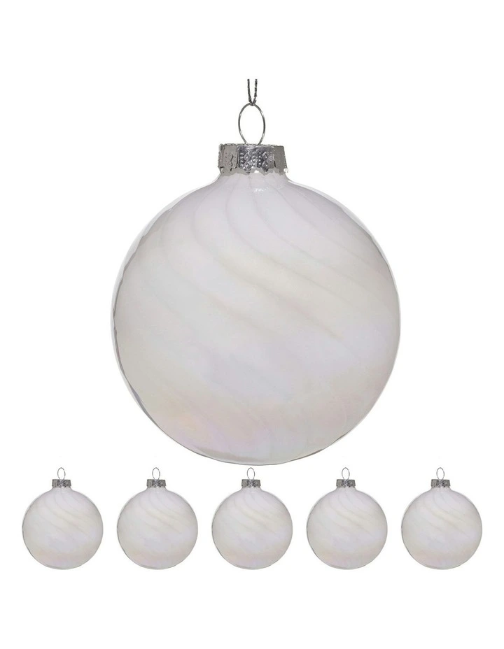 Stripe And Faint Iridescence Glass Baubles 6 Pack in White image 3