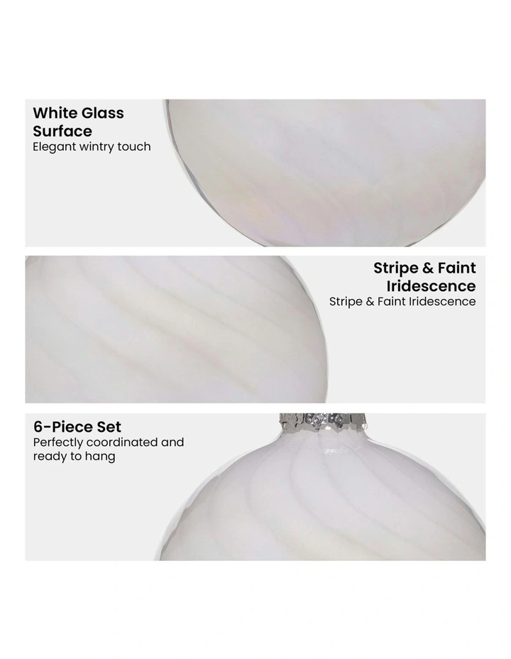 Stripe And Faint Iridescence Glass Baubles 6 Pack in White image 4