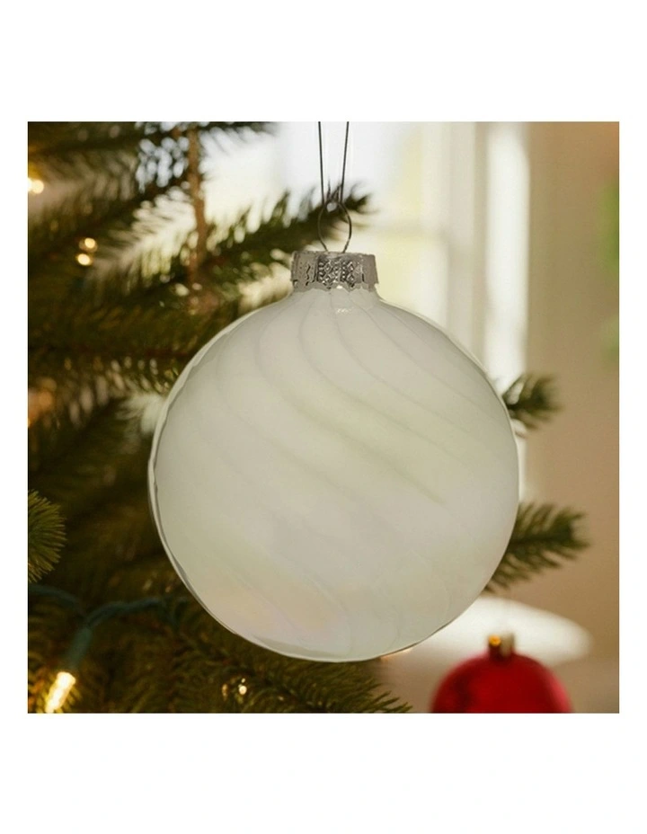 Stripe And Faint Iridescence Glass Baubles 6 Pack in White image 5