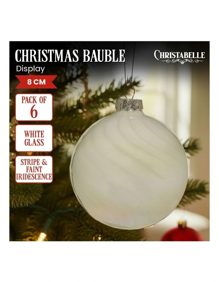 Stripe And Faint Iridescence Glass Baubles 6 Pack in White image 6