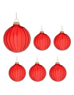Textured Stripe Pattern Glass Baubles 6 Pack in Red