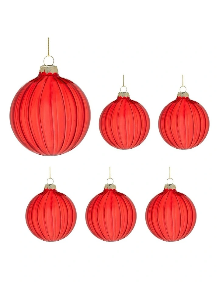 Textured Stripe Pattern Glass Baubles 6 Pack in Red image 1