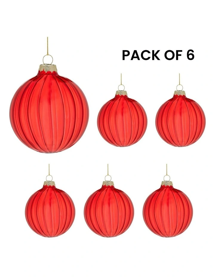 Textured Stripe Pattern Glass Baubles 6 Pack in Red image 4