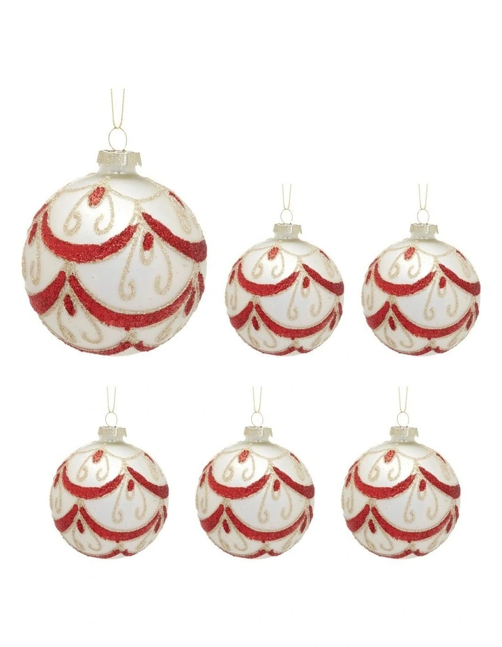 Red Champagne Glitter Swirls Glass Baubles 6 Pack in Multi image 2