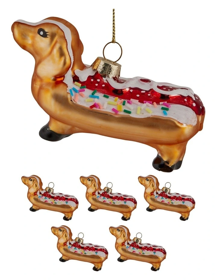 Dachshund Hotdog Glass Baubles 6 Pack in Multi image 2