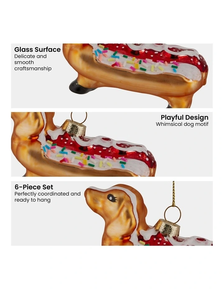 Dachshund Hotdog Glass Baubles 6 Pack in Multi image 4