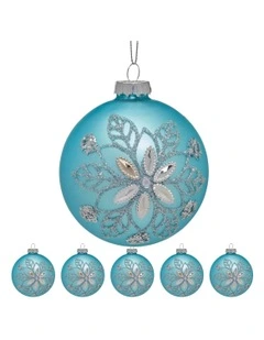 Snowflake And Central Jewel Glass Baubles 6 Pack in Teal