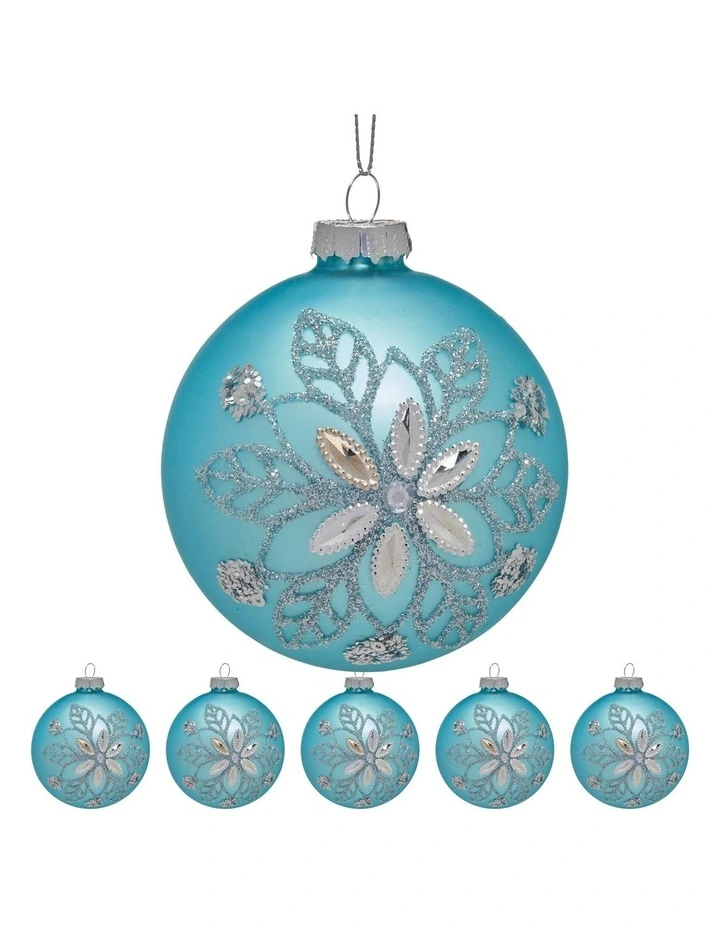 Snowflake And Central Jewel Glass Baubles 6 Pack in Teal image 1