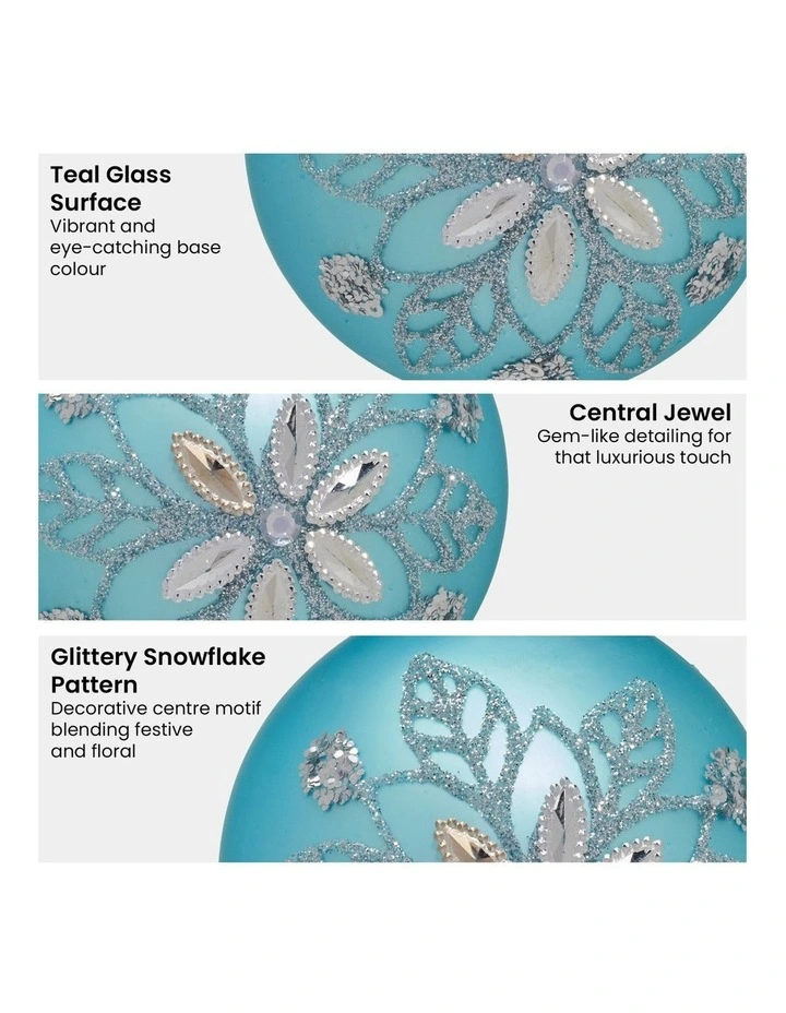 Snowflake And Central Jewel Glass Baubles 6 Pack in Teal image 2