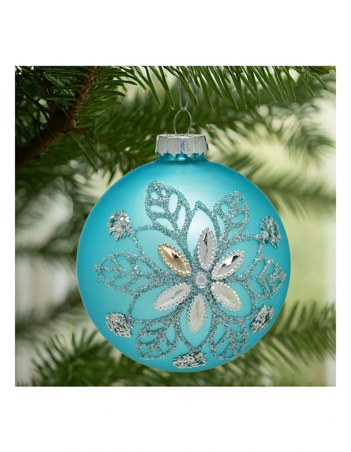Snowflake And Central Jewel Glass Baubles 6 Pack in Teal image 3