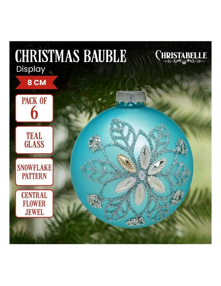 Snowflake And Central Jewel Glass Baubles 6 Pack in Teal image 4