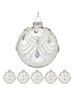 Swirls And Teardrop Gems Glass Baubles 6 Pack in Clear White