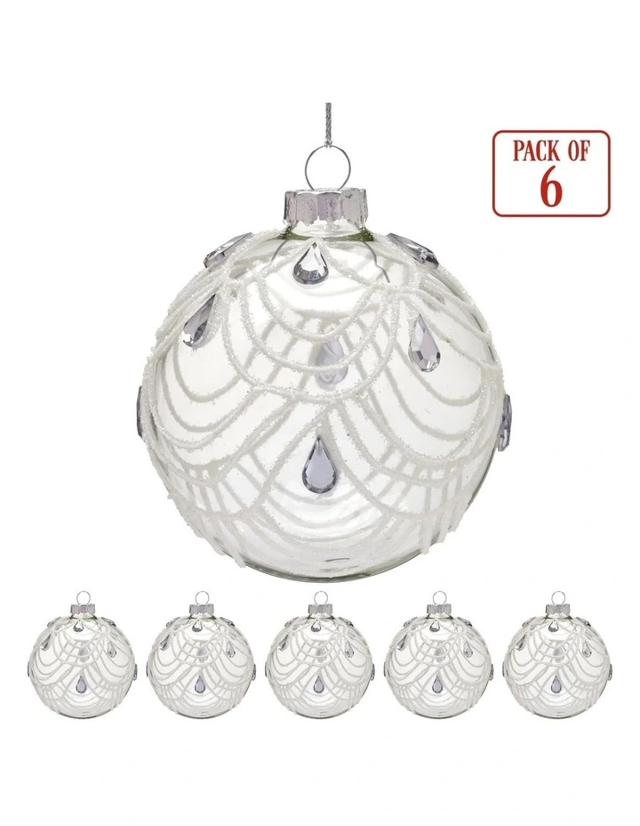 Swirls And Teardrop Gems Glass Baubles 6 Pack in Clear White image 3