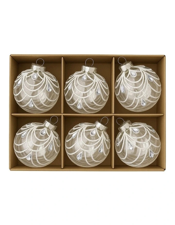 Swirls And Teardrop Gems Glass Baubles 6 Pack in Clear White image 4