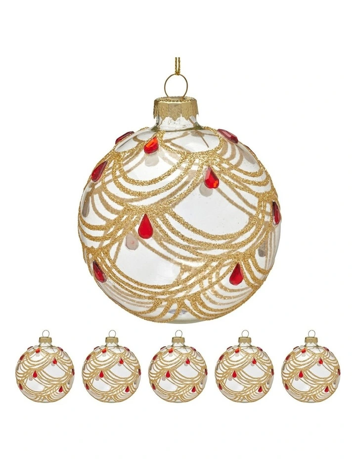 Gold Swirls and Jewels Glass Baubles 6 Pack in Multi image 2