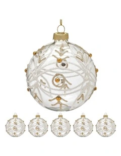 Gold Swirls and Gold Pearls Glass Baubles 6 Pack in Clear