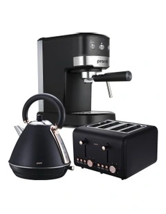 Breakfast Set with Rose Gold Kettle & Toaster with 1.2L Espresso Machine in Black