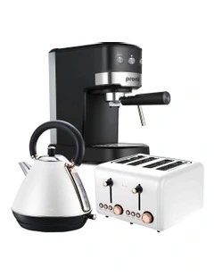 Breakfast Set with Rose Gold Kettle & Toaster with 1.25L Espresso Machine in White