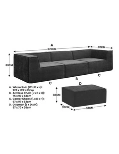 Novi 3-Seater Modular Sofa with Ottoman Non-Slip Bottom Lounge in Black