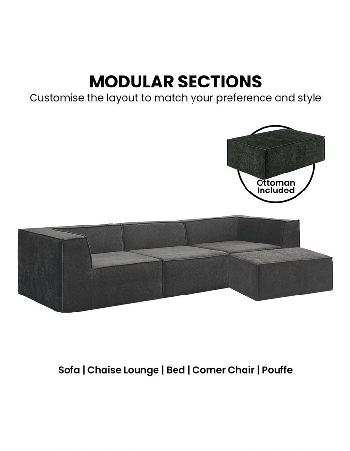 Novi 3-Seater Modular Sofa with Ottoman Non-Slip Bottom Lounge in Black image 2