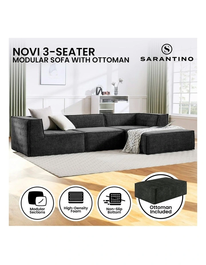 Novi 3-Seater Modular Sofa with Ottoman Non-Slip Bottom Lounge in Black image 6