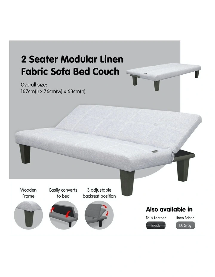 2 Seater Modular Linen Fabric Sofa Bed Couch Light Grey image 5
