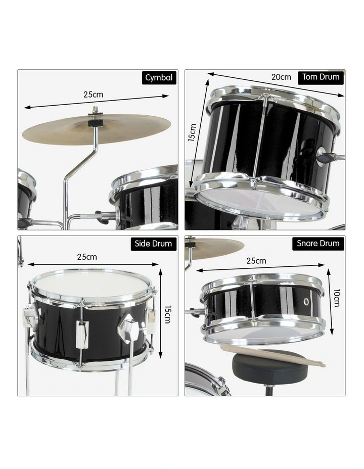 Childrens 4 Piece Black Diamond Drum Kit Set Musical Instrument Black image 7