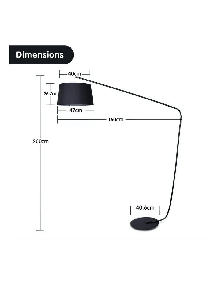 Metal Arc Floor Lamp In Black Finish Wih Linen Taper Drum Round Shade Black image 2