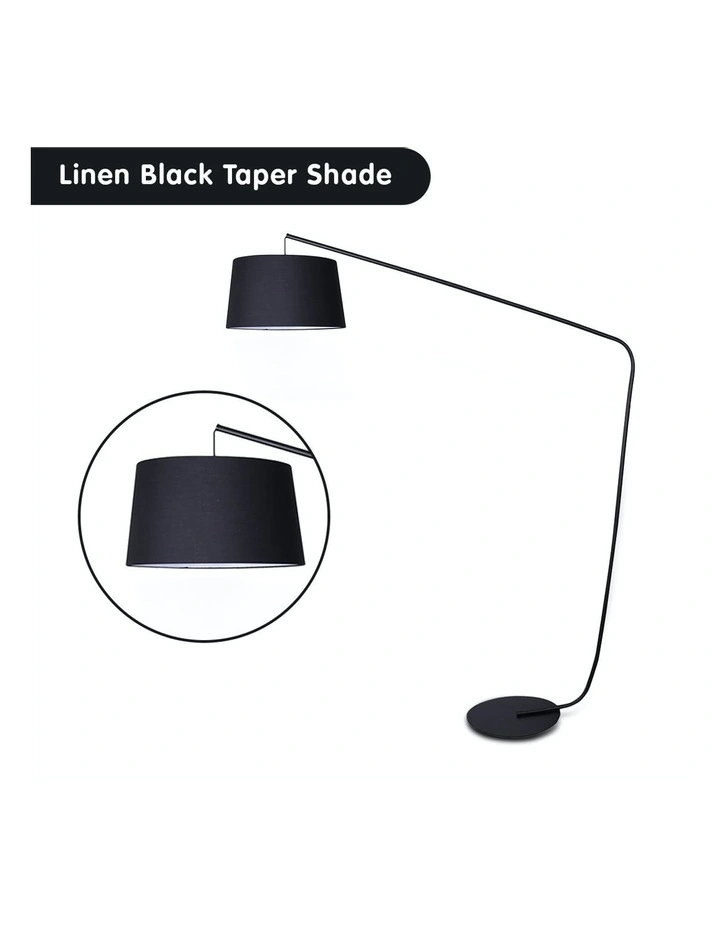 Metal Arc Floor Lamp In Black Finish Wih Linen Taper Drum Round Shade Black image 3
