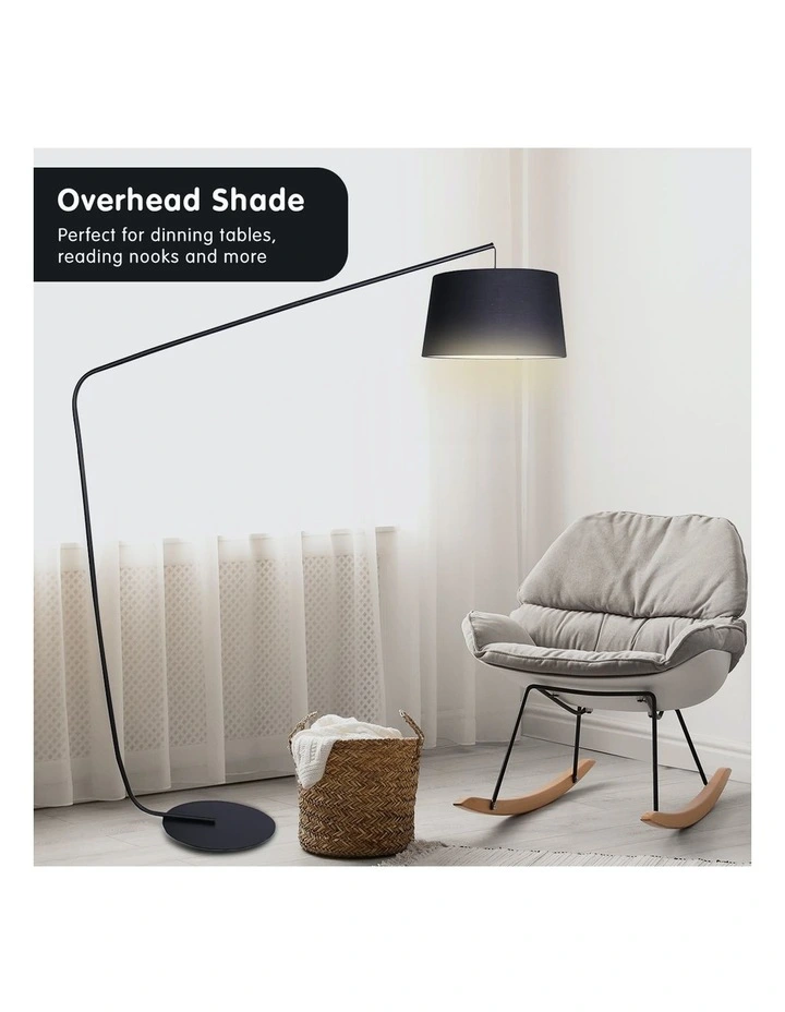 Metal Arc Floor Lamp In Black Finish Wih Linen Taper Drum Round Shade Black image 5
