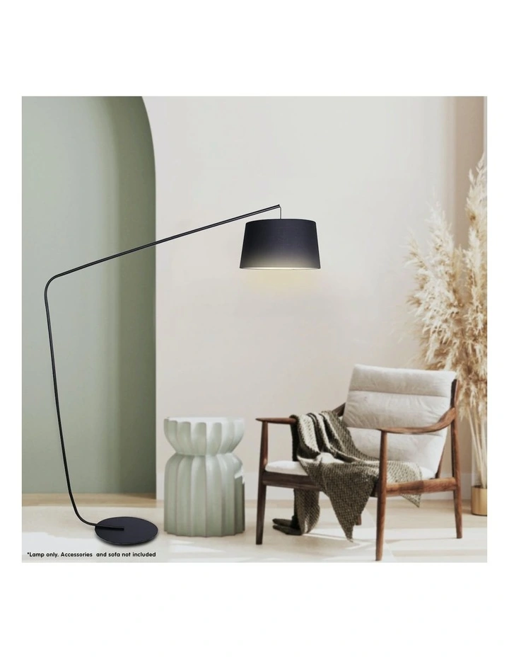 Metal Arc Floor Lamp In Black Finish Wih Linen Taper Drum Round Shade Black image 6