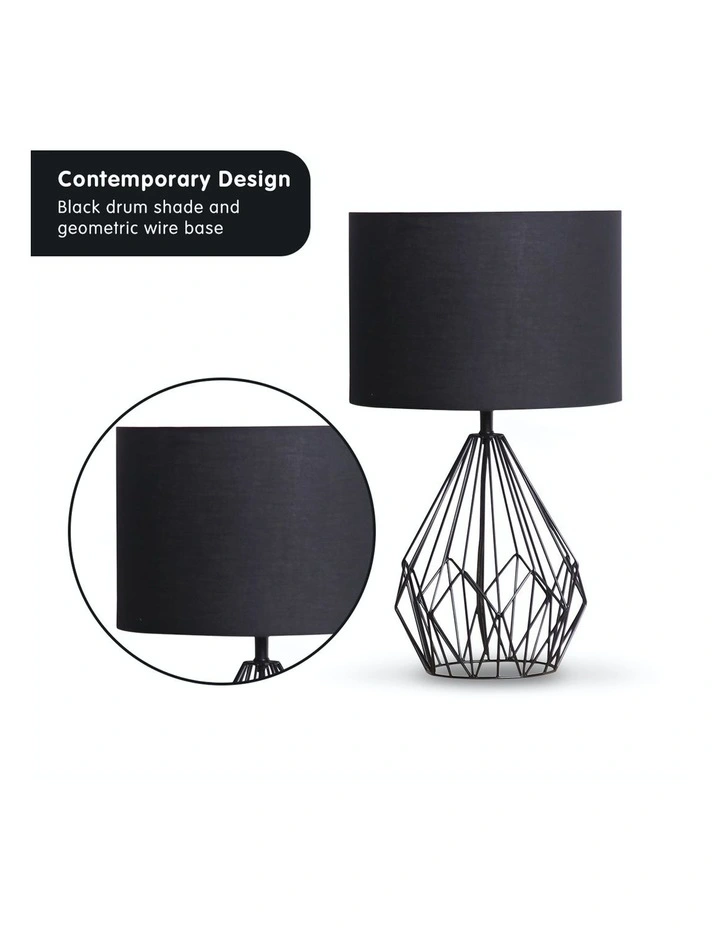 Metal Wire Table Lamp Black Finish Reading Light With Black Drum Shade image 3
