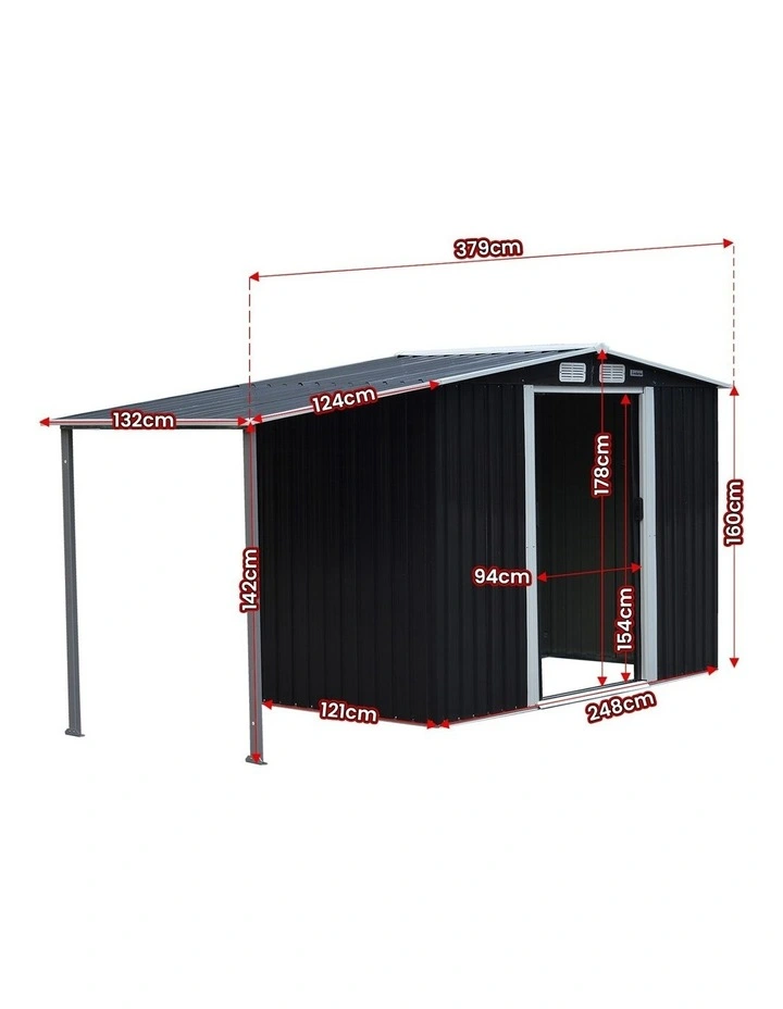 Zinc Steel Garden Shed with Open Storage 4x8ft in Black image 2